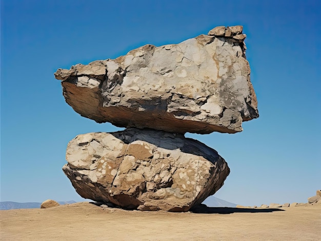 una roca con rocas apiladas en ella bajo un cielo azul claro en el estilo de kodak aero ektar 178mm f