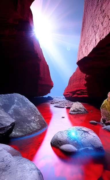 Una roca roja en medio de un río atravesada por una luz azul.