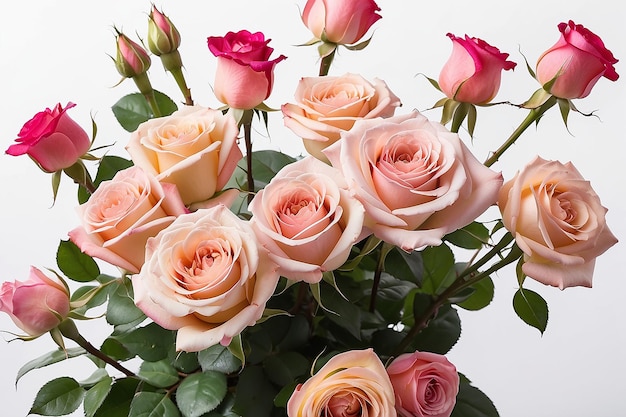Roca de rosas en fondo blanco Arreglo de oro rosa de flor de rosa