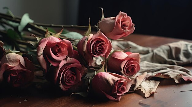 Foto roca de rosas marchitas con sus pétalos cayendo en un espacio de copia de mesa de madera