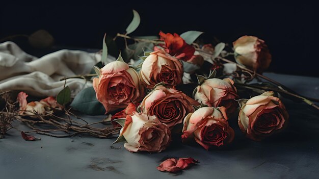 Foto roca de rosas marchitas con sus pétalos cayendo en un espacio de copia de mesa de madera