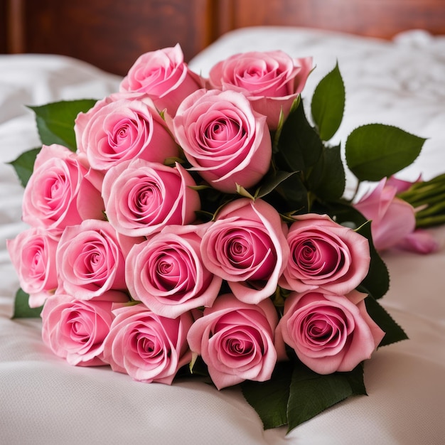 Roca de rosas rosas en la cama en una habitación de hotel para la luna de miel de los huéspedes en el hotel