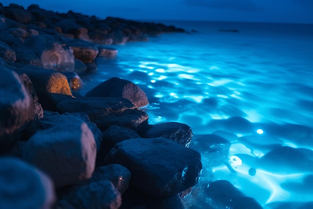 Rocas de agua de bioluminiscencia azul Generar Ai