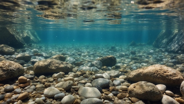 Rocas bajo el agua en el lecho de un río con agua dulce clara