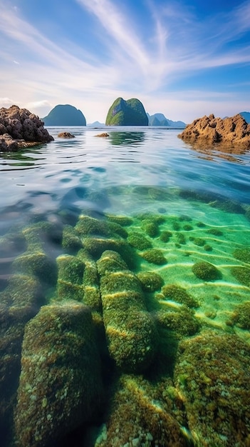 Rocas en el agua con un océano verde al fondo