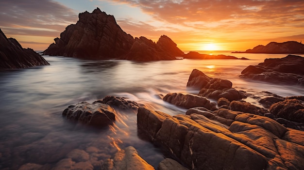 Las rocas costeras bañadas en la cálida luz del amanecer