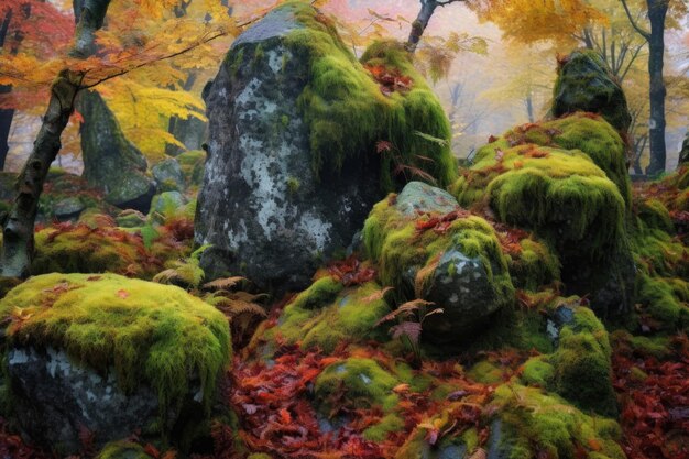 Rocas cubiertas de musgo entre el follaje de otoño vibrante creado con ai generativo