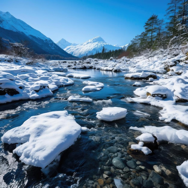 Rocas cubiertas de nieve en un río en un paisaje nevado