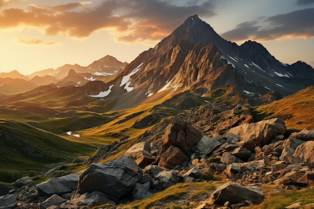 Las rocas escarpadas del atardecer en el sol abrazan la hermosa imagen del amanecer