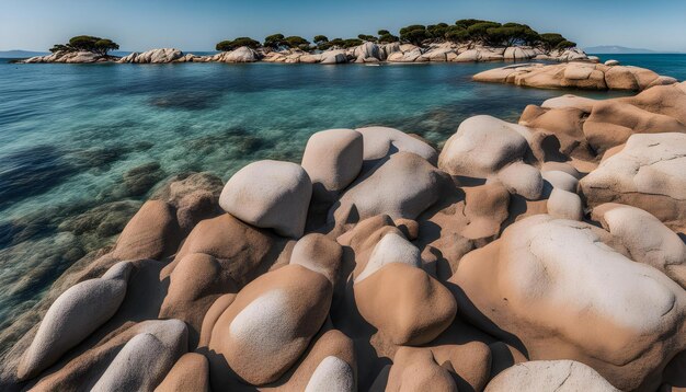 Foto las rocas están en la playa y el agua es azul.