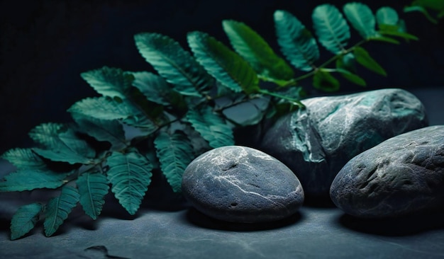 Rocas formadas por plantas de helecho y hojas verdes