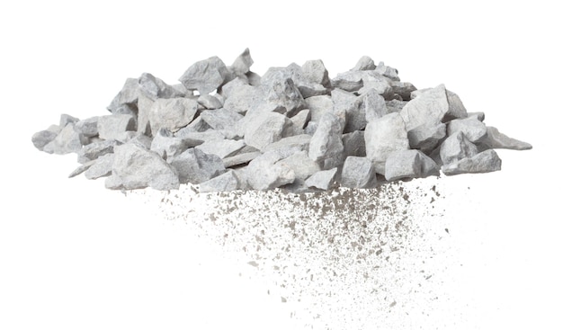 Rocas, grava, mosca, explosión, caída, piedras grises, guijarros, rocas explotan, nubes abstractas, moscas, construcción, rocas, piedras, salpicaduras en el aire, diseño de objetos, fondo blanco, aislado, congelado, disparo, desenfocado selectivo.
