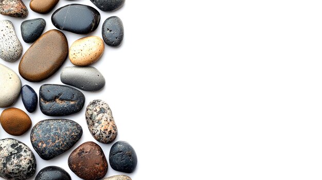 Rocas lisas de río dispuestas en una línea vertical sobre un fondo blanco dejando espacio para el texto