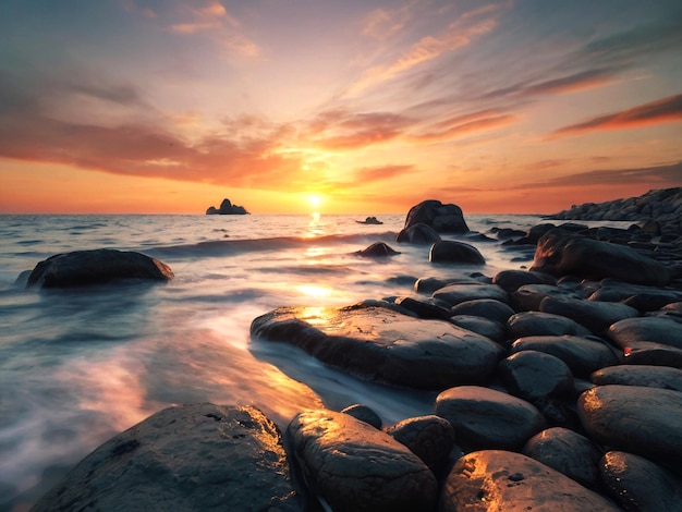 Las rocas por el mar contra el cielo durante la puesta de sol