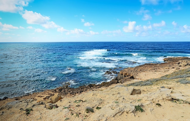 Rocas marrones y amarillas en la costa de Argentiera Cerdeña