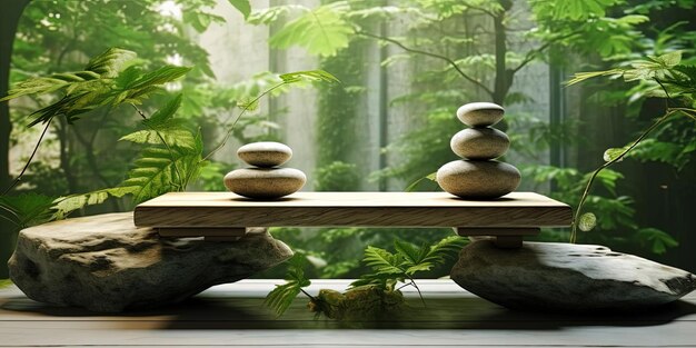 rocas meditativas en el escritorio en un entorno verde al estilo de una mejora digital
