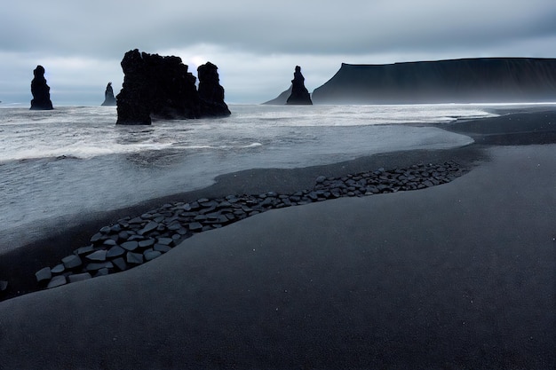 Rocas melancólicas que sobresalen del mar en la playa de islandia