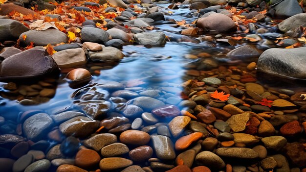 Las rocas de otoño fotografian cautivadoras corrientes fluviales en naranja oscuro y azul claro