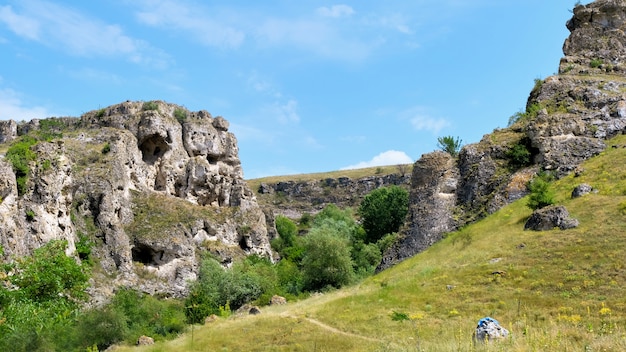 Rocas y pasto verde en un día de verano