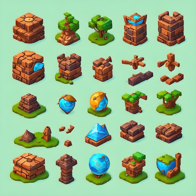 Rocas de piedra y conjunto de cavernas de activos de sprites de videojuegos aislados en fondos de colores sólidos