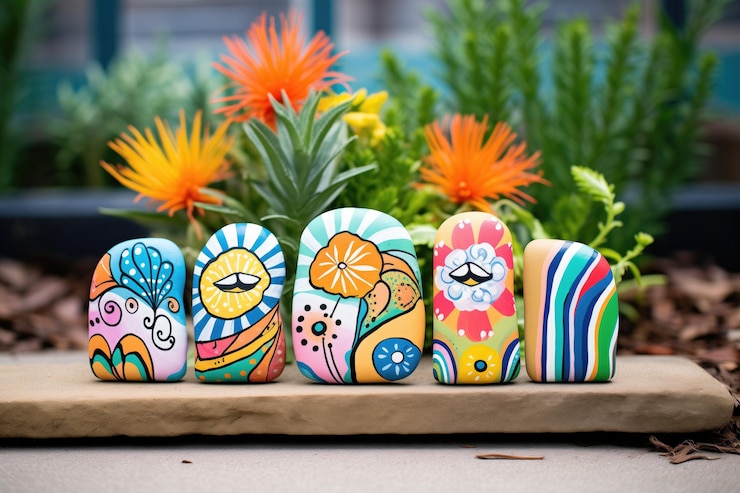 Rocas pintadas a mano con nombres de plantas en un jardín