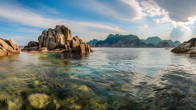 Foto las rocas en la playa con agua de mar clara en la isla de seopjikoji jeju, corea del sur