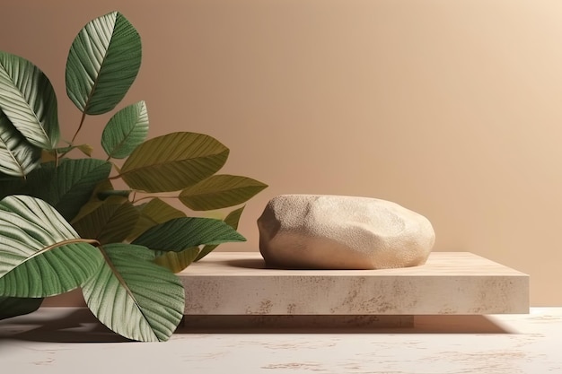 Rocha branca minimalista em uma mesa ao lado de um vaso de plantas verdes Generative AI