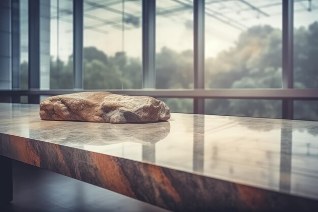 Foto rocha natural repousando sobre uma mesa de madeira criada com a tecnologia generative ai