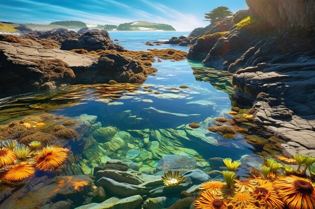 Rochas costeiras cobertas de coloridas piscinas de maré