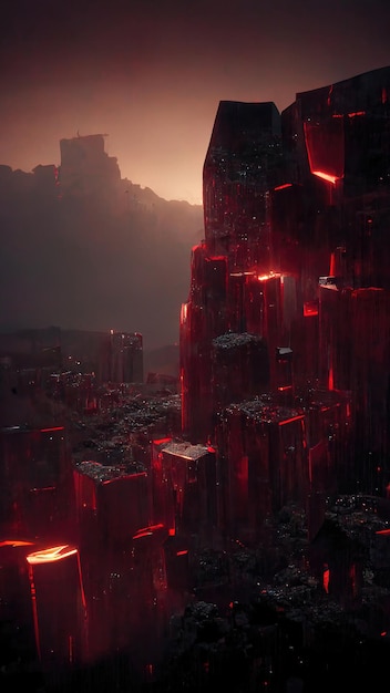 Foto rochas de basalto brilhantes de terra quente de cor vermelha ardente e montanhas ilustração 3d