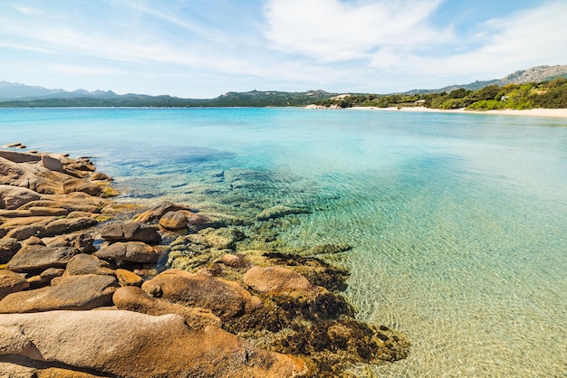 Rochas e águas claras na praia de La Celvia Sardenha