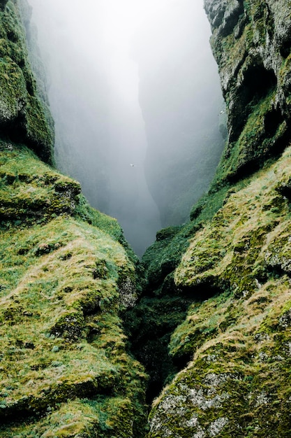 Rochas e névoa em Raudfeldsgja Gorge na Península Snaefellsnes na Islândia