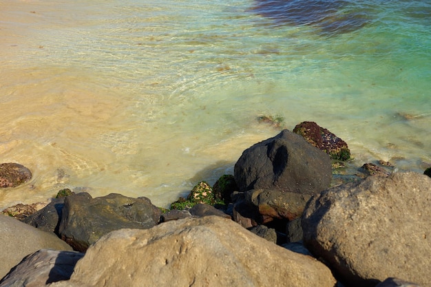 Rochas e ondas em uma praia tropical arenosa