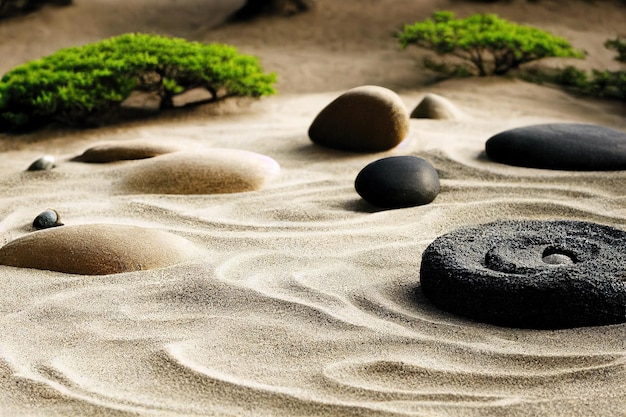 Rochas na areia com plantas bonsai fundo zen equilíbrio conceito de harmonia de jardim japonês