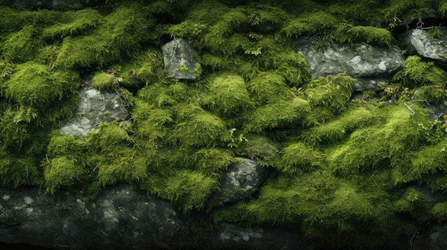 Rochas verdes cobertas de musgo criam uma paisagem texturizada