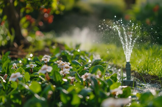 El rociador de agua irriga el campo de flores verdes exuberantes en el paisaje natural