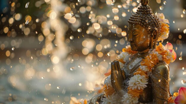 Rociar agua sobre el Buda con agua con flores perfume tradicional tailandés y guirnalda de jazmín para adorar durante el festival tailandés Songkran