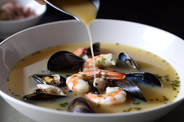 Rocíe aceite de oliva virgen extra sobre un plato de sopa de mariscos