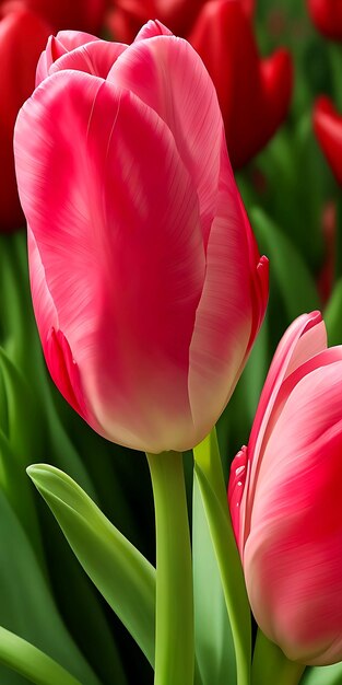 El rocío dejó caer flores de tulipán rosadas y rojas con fondo verde