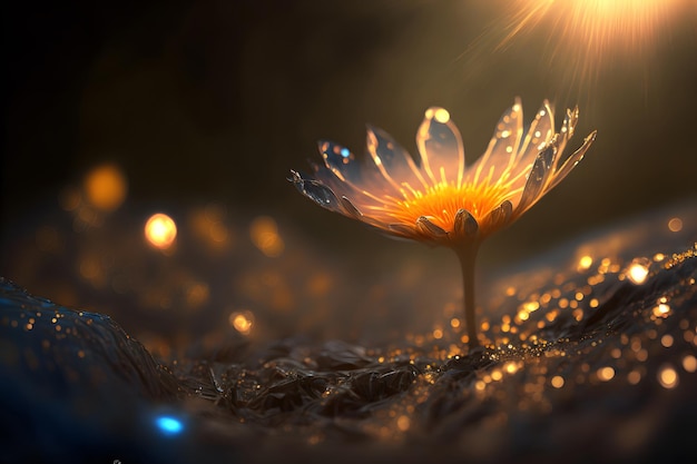 Rocío en la flor de lirio ha llegado la primavera Macro flores mojadas hierba en gotas de rocío al amanecer