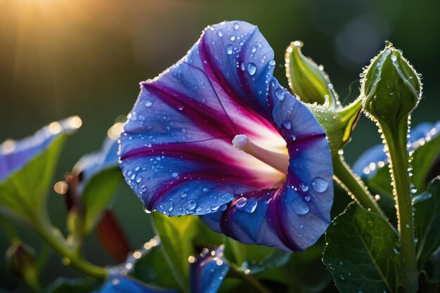 El rocío de la mañana en una flor púrpura de la gloria de la mañana