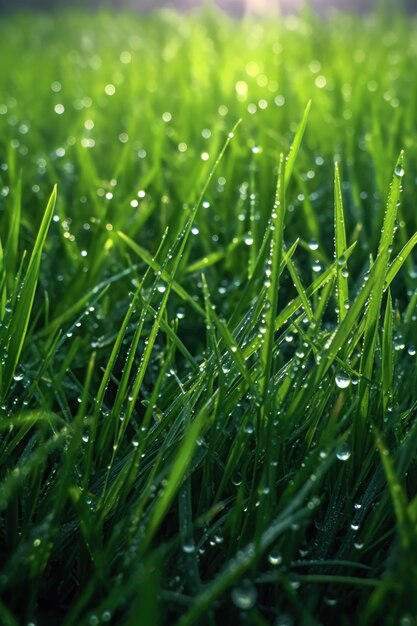 Foto rocío de la mañana en primer plano de hierba verde vibrante creado con ai generativo