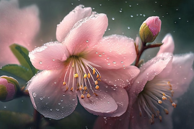 Rocío de la mañana sobre hermosas flores naturales en rosa pastel creadas con ai generativo