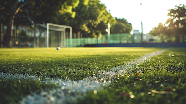 El rocío de la mañana temprano en un campo de fútbol con la luz del sol filtrando a través