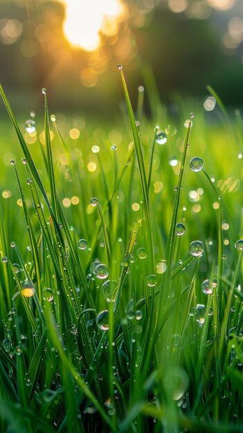 El rocío matinal en la hierba verde vibrante con la luz del sol