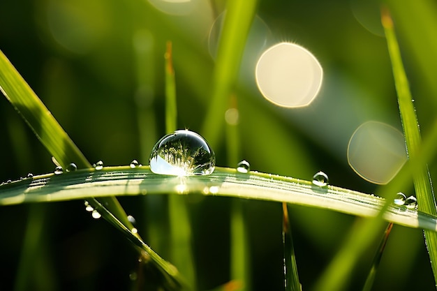 Rocío reluciente Hermosa gota de agua brilla sobre la hoja de hierba