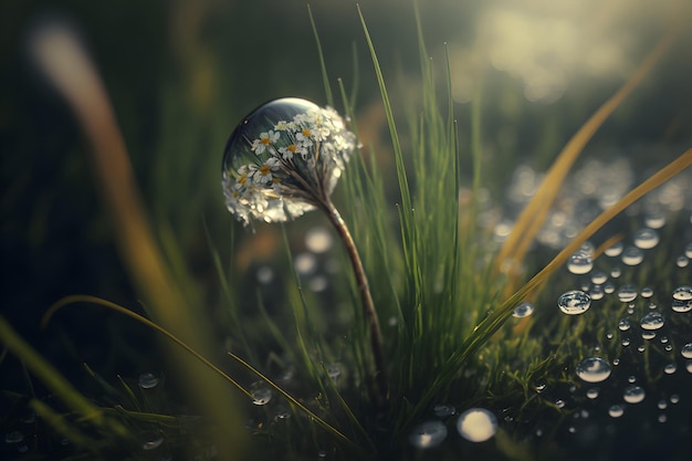 Rocío sobre la hierba fresca de primavera en el campo Gotas de agua sobre una brizna de hierba después de la lluvia primer plano macro Fondo borroso