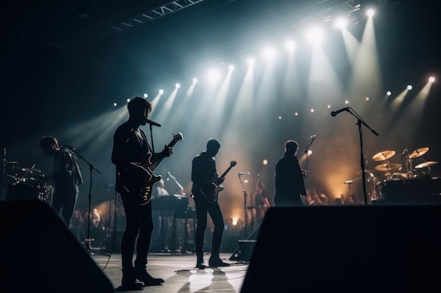 Rockband-Konzertmusiker auf der Bühne, Live-Musik, Lichter und Publikum, generative KI