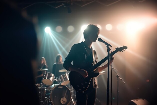 Rockband-Konzertmusiker auf der Bühne, Live-Musik, Lichter und Publikum, generative KI