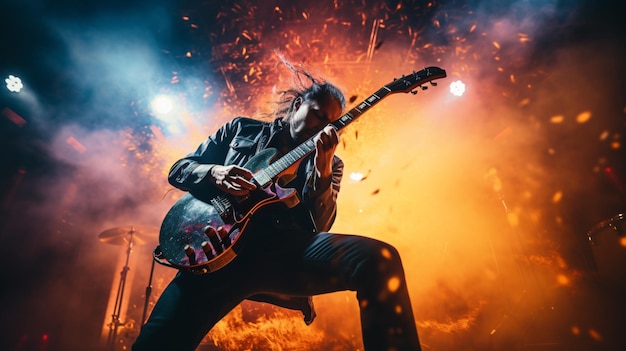 Un rockero toca la guitarra en el escenario.